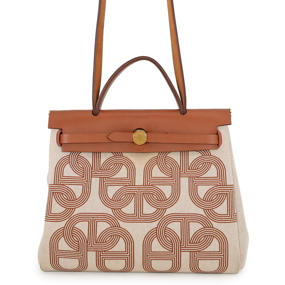 Hermes Herbag Zip PM Retourne Fauve Ecru Beige Toile H Vache Hunter B Stamp H...